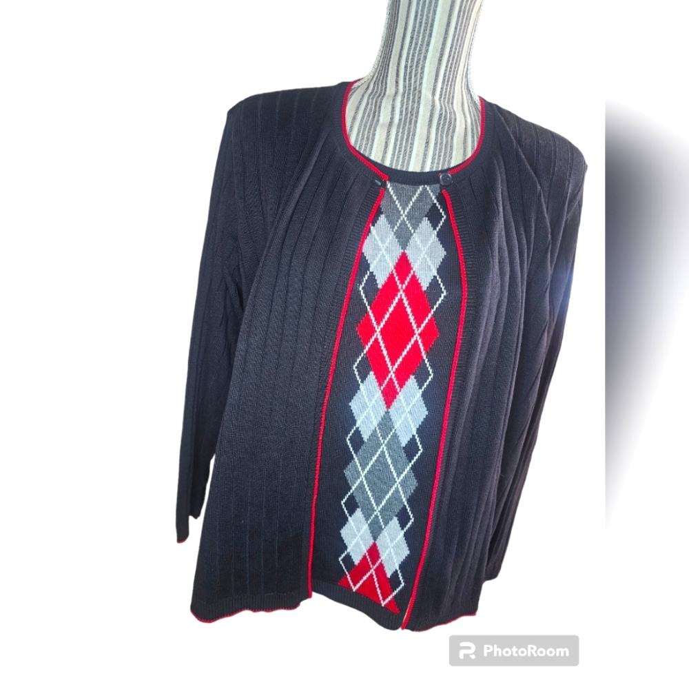 Alfred Dunner women's black/red/white long-sleeved layered cardigan size XL